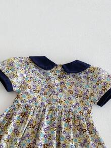 Miniweenns 1件女婴休闲碎花拼接领刺绣短袖连衣裙，夏季 - 藏蓝色 - 查看 6