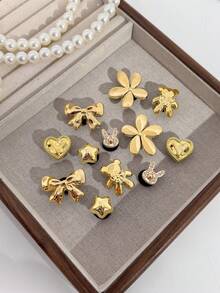 12个金色时尚小熊、爱心、雪花鞋夹，DIY装饰，适用于女士凉鞋、拖鞋、沙滩包，多功能鞋夹配件，非常适合作为节日和生日派对礼物。 - 金色 - 查看 6