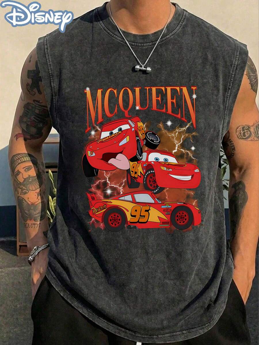 Disney Official Licensed Cars Lightning McQueen Lightning Effect Vintage Washed 230g Tank Top Unisex - Black - View 1