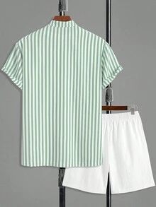 Áo sơ mi nam dáng casual kẻ sọc cổ tàu tay ngắn thiết kế 7 nút, phối cùng quần short màu trơn mềm mại, set 2 món. - màu xanh lá - Xem 2