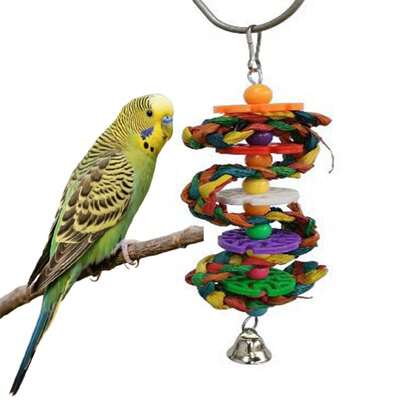 Random Color Parrot Colorful Corn Husk Woven Plastic Round Disc Bell Pet Toy