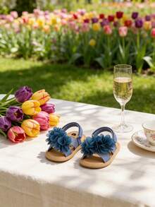 1双女婴3D雪纺花朵凉鞋，海军蓝露趾沙滩鞋，柔软防滑幼儿夏季鞋 - 寶藍色 - 查看 4