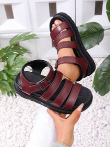Sandal thể thao ngoài trời mùa hè dành cho nữ, đế dày, kiểu dáng thoải mái, đa năng, có khóa kim loại, màu đỏ rượu vang và xanh dương. - Màu Đỏ Sâu - Xem 2