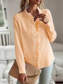Women's Striped Single-Breasted Ruffle Hem Casual Versatile Daily Wear Long Sleeve Shirt Spring - Orange - View 3