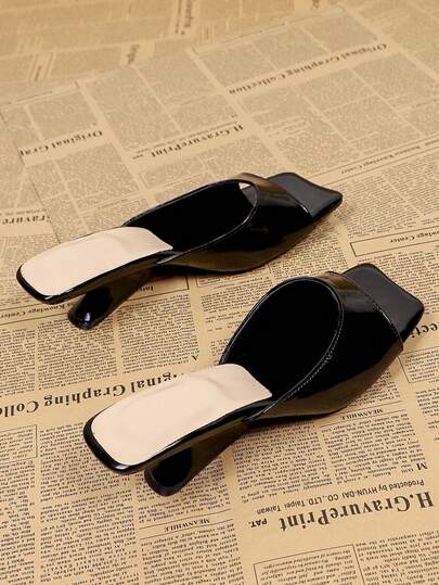Women's Black Square Toe High Heel Slip-On Sandals, Casual Versatile Open Heel Mules