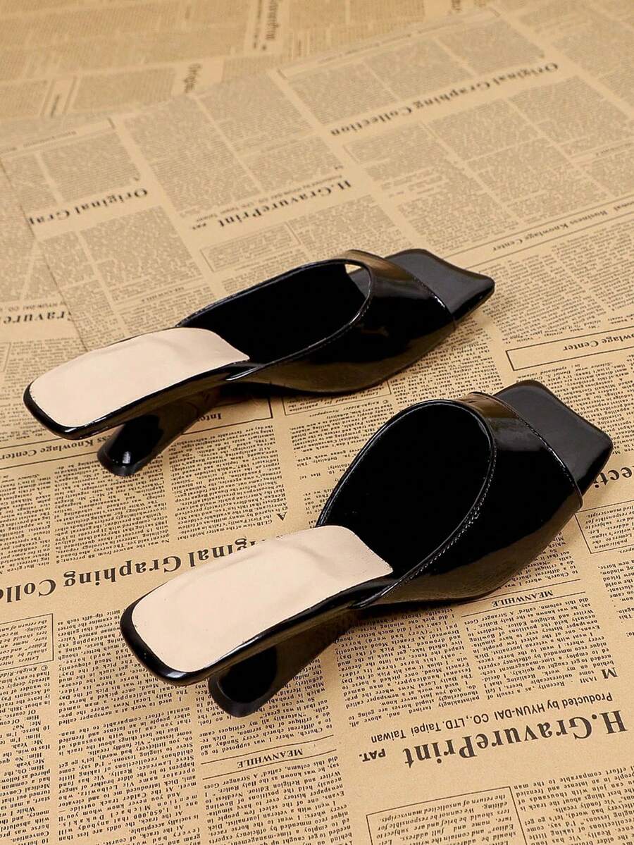 Women's Black Square Toe High Heel Slip-On Sandals, Casual Versatile Open Heel Mules - Black - View 1
