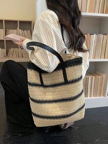 Dedoo Rainbow Stripe Woven Strap Spliced Underarm Straw Bag, Suitable For Spring And Summer, Vacation By The Sea, Daily Travel, Large-Capacity Single-Shoulder Tote Bag And Underarm Bag - Black - View 3