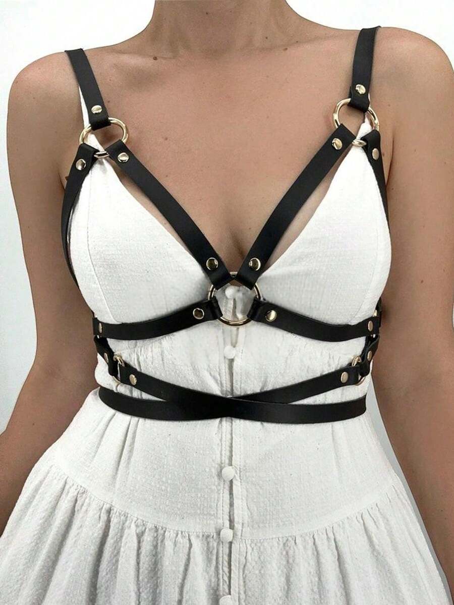 1件装女士黑色吊带性感皮革胸带，朋克风格皮革身体配饰 - 黑色 - 查看 1