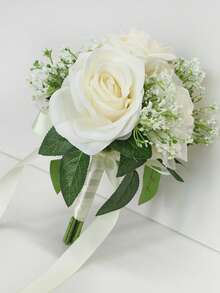白色與藍色花卉花束婚禮配件，絲綢仿真玫瑰新娘伴娘花束，婚禮裝飾，居家婚禮派對求婚裝飾 - 彩色 - 查看 19