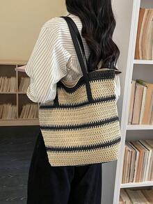 Dedoo Rainbow Stripe Woven Strap Spliced Underarm Straw Bag, Suitable For Spring And Summer, Vacation By The Sea, Daily Travel, Large-Capacity Single-Shoulder Tote Bag And Underarm Bag - Black - View 2