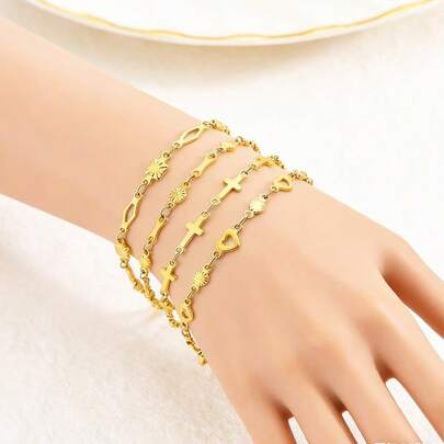 1pc Fashionable Women's Bracelet, 18K Gold Plated Stainless Steel Bracelet, Hypoallergenic Long-Lasting Color, Versatile Accessory