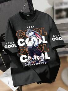 Áo thun rộng rãi cho bé trai, in hình chú thỏ hoạt hình ngộ nghĩnh, khẩu hiệu "Keep Calm" và "Ubiquitous", điểm nhấn tay áo bằng chữ "Keep Calm", kiểu dáng thoải mái, phù hợp cho đi học, trượt ván, mặc thường ngày và mùa hè. - Màu xám đen - Xem 1