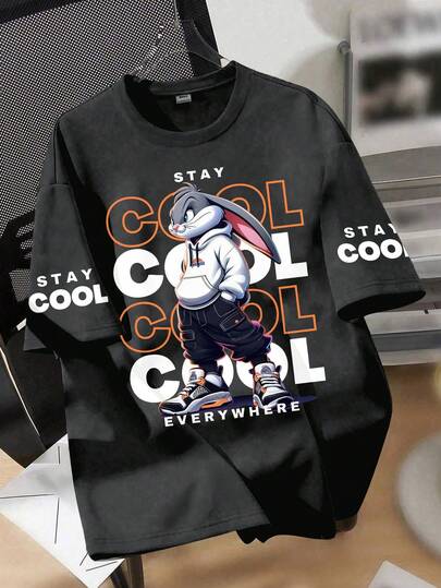 Boys' Loose Graphic T-Shirt, Cool Cartoon Rabbit Print, "Keep Calm" And "Ubiquitous" Slogans, "Keep Calm" Sleeve Accent, Casual Relaxed Fit, Suitable For Back To School, Skateboarding, Everyday Casual Wear, Summer