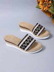 Sandálias Plataforma Confortáveis com Decoração de Corda, Mules Retrô Slip-On - Preto e Branco - Visão 4