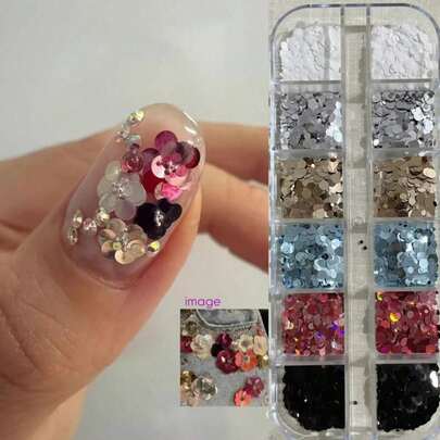 12 ô trang trí móng tay lấp lánh, thiết kế hoa văn cổ điển sáng bóng, các mảnh kim tuyến mỏng dành cho nữ và bé gái, tự làm móng nghệ thuật 3D.