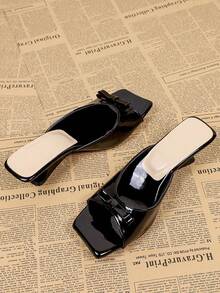 Giày sandal cao gót mũi vuông màu đen thắt nơ dành cho nữ, kiểu dép hở gót đa năng thoải mái cho mùa hè. - màu đen - Xem 5