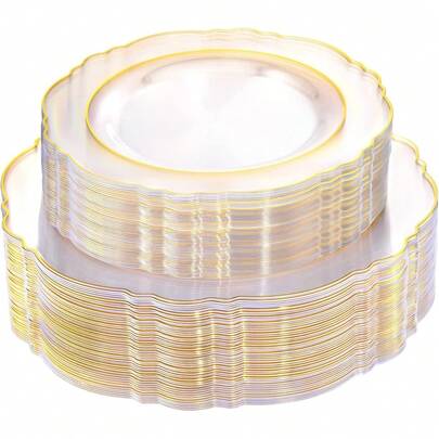 50/25/7 Pcs Transparent Gold-Rimmed Dinnerware Set, Salad Plates, Suitable For Serving Cakes, Desserts, Salads, Burgers, Sandwiches, Sushi, Ideal For Weddings, Easter, Graduation Parties, Outdoor Garden Dining, Valentine's Day, New Year, Mother's Day Gifts, Back To School, Ramadan, Suitable For Various Parties (Full Tableware Set, Plates, Trays, Dishes, Kitchen Utensils)