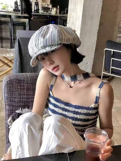 1顶复古博主风亚麻报童帽，云朵造型艺术家贝雷帽，条纹八角帽，大号尺码贝雷帽，透气材质，日常佩戴防晒帽