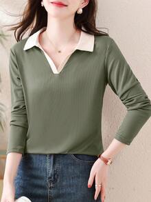 2025 新款秋季女式 Polo 领长袖 T 恤，时尚外套套头衫 - 軍綠色 - 查看 7