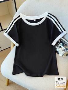 Áo croptop 4 sọc, áo thun ngắn tay màu đen dành cho nữ, áo lót ôm dáng và thời trang, thích hợp mặc mùa hè. - màu đen - Xem 4