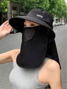 1 pieza Nuevo sombrero de chal con máscara facial, sombrero de sol de ala ancha anti-UV para mujer, sombrero de cubo versátil para cola de caballo - A - Ver 4