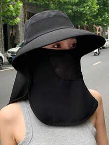 1 pieza Nuevo sombrero de chal con máscara facial, sombrero de sol de ala ancha anti-UV para mujer, sombrero de cubo versátil para cola de caballo - A - Ver 5