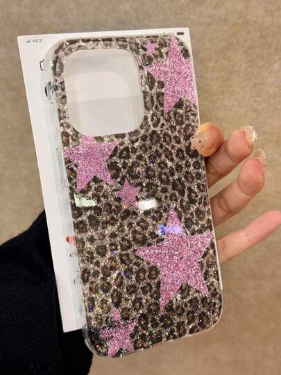 豹纹五角星图案环氧树脂闪粉极简防震加厚手机保护壳，适用于 17/17 Pro/17 Pro Max、16/11/16 Pro/16 Plus/16 Pro Max/16e、15 Pro Max、13/14/12/XS/XR、15 Pro Max、16 XR/7/8、16 Pro Max、15 Pro Max、12 Pro Max、13 Pro Max、14 Pro Max、13、11、12P、14、P11软壳、P12防震、XS/XR手机壳。