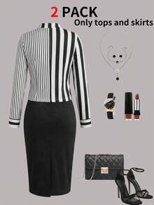 女士黑白竖条纹长袖上衣搭配黑色修身中长裙两件套，时尚办公/通勤装，显瘦铅笔裙套装 - 黑色 - 查看 5