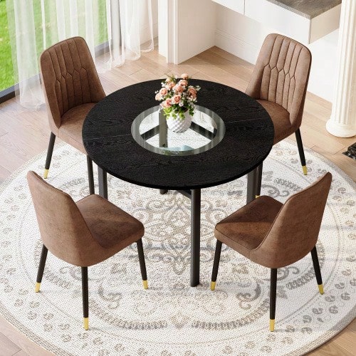 Modern Minimalist Round Table Set (With 4 Brown Technical Fabric Armchairs And Black Metal Legs), 100 Cm Diameter Round Table With Black Wood Look, Suitable For The Living Room. - Maroon - View 1