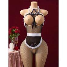 Adult Crotchless Uniform Lingerie Sets Cosplay Bodysuit Maid Costume Expose Chest And Body Stockings With Apron - 14 - 查看 7