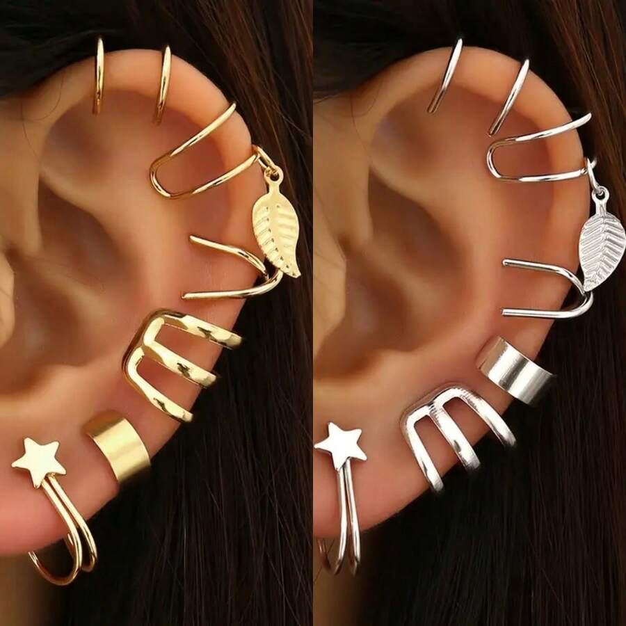 波西米亚风耳夹套装 - 6件装金/银叶子和星星耳骨夹，适合无耳洞佩戴