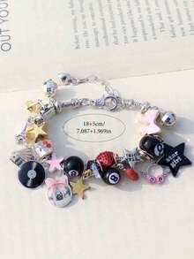 1pc Music Star Girl Charm Bracelet, Black Lucky Bracelet, Disco Ball Music Bracelet, Music Festival Headphone Guitar Bracelet, Retro Bow Bracelet - Silver - View 11