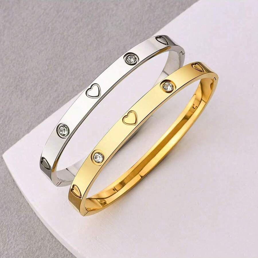 1件闪亮锆石手链，女士四叶草印花爱心不锈钢手镯，首饰礼品 - 四葉草款式 - 查看 1