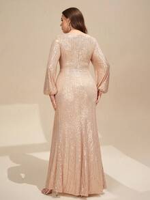 YISIKADO Plus Size Women's Sequin Twist Wrap Maxi Dress, Deep V-Neck Long Sleeve Shiny Formal Gown For Prom, Party, Wedding Guest, Graduation Ceremony - Champagne - View 2