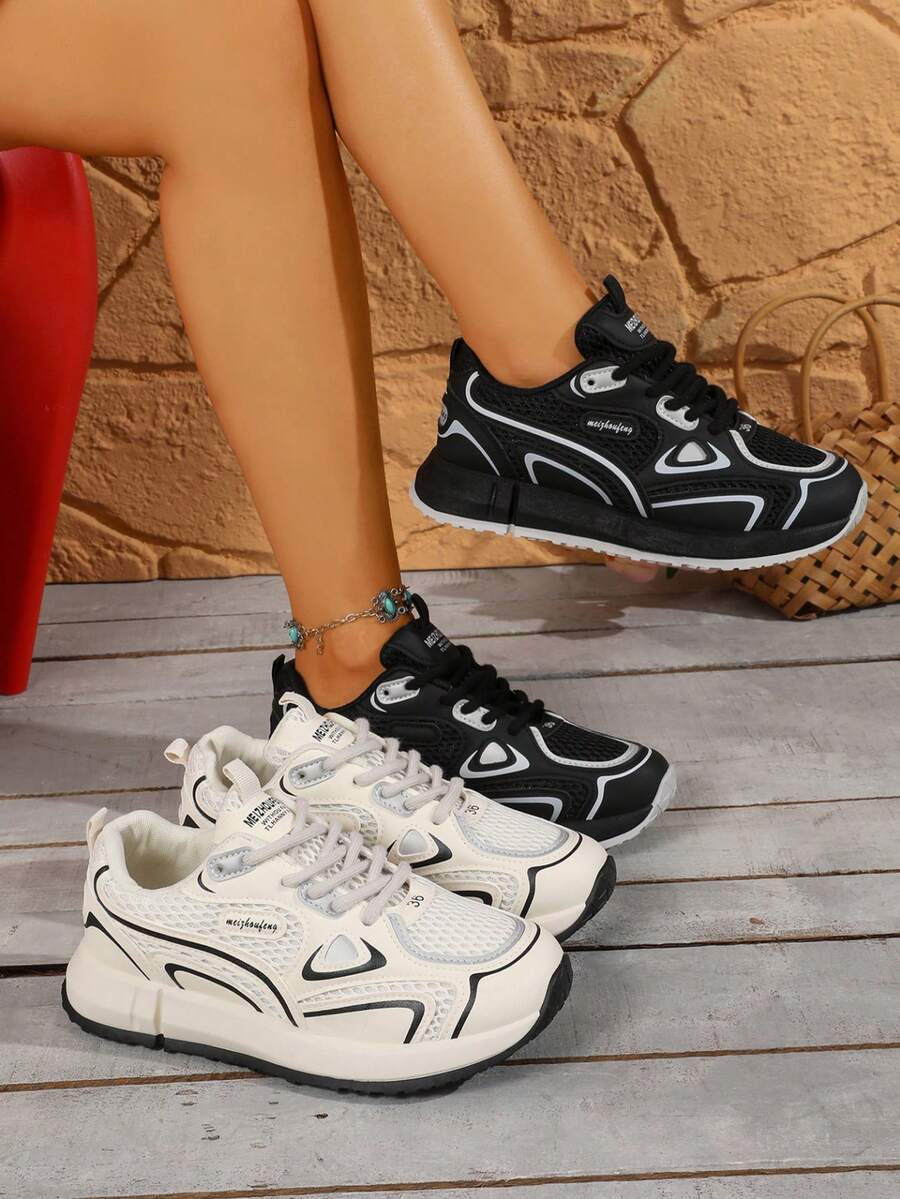 Giày thể thao nữ đế dày mới mùa xuân 2026, giày bệt mũi tròn buộc dây thời trang, giày chạy bộ đa năng phối da phù hợp mọi mùa. - trắng - Xem 1