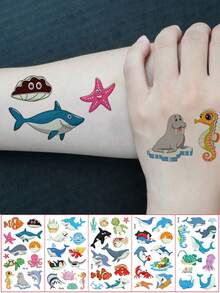 Glow-In-The-Dark Ocean Creatures Temporary Tattoos Stickers - 5 Sheets With 55 Cute Cartoon Fish, Shark, Whale, Dolphin, Turtle, Seahorse, Octopus & Starfish Designs - Perfect For Birthday Parties & Fun Art Projects - Multicolor - View 2
