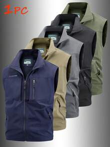 男士休闲户外钓鱼+露营+摄影多口袋刺绣背心外套，春夏款 - 藏蓝色 - 查看 2