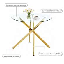Round Dining Table With Tempered Glass Top And Gold Legs, Coffee Table, Modern And Minimalist Dining Table, 80 * 80 * 76 Cm - Gold + Glass + Metal - View 11