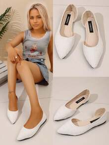 Breezelady Women's Beige Textured D'Orsay Flats – Crafted With A Woven, Linen-Like Textured Upper And A Sleek Pointed Toe, These D'Orsay Flats Feature A Cushioned Insole For All-Day Comfort. The Lightweight, Flexible Design Makes Them Ideal For Office Wear, Brunch Dates, Or Casual Outings. Pair With Tailored Pants, Dresses, Or Skirts For A Polished, Modern Look. - 白色 - 查看 4