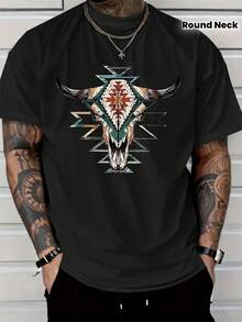 Vintage Southwestern Turquoise Bull Horn Skull T-Shirt, Southwest Inspired Casual Top - Black - View 7