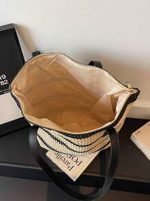 Dedoo Rainbow Stripe Woven Strap Spliced Underarm Straw Bag, Suitable For Spring And Summer, Vacation By The Sea, Daily Travel, Large-Capacity Single-Shoulder Tote Bag And Underarm Bag - Black - View 8