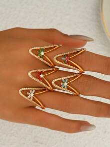 1pc Luxury Niche Style Gold-Plated V-Shaped Micro-Inlaid Colorful Zirconia Ring, Suitable For Women's Daily Commute Wear - Multicolor - View 3