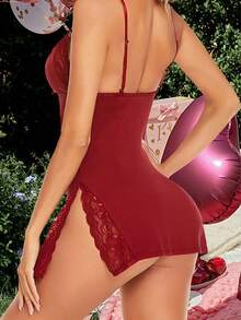 1 pieza Camisón de seda de leche con ribete de encaje, lencería cómoda para salir - Rojo - Ver 4