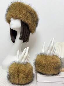 1 Set Women Winter Warm Hat And Wrist Warmer Suit, Casual Cute Fuzzy Hand Cuffs, Suitable For Outings, Dates, And Parties - MM1897 - View 2
