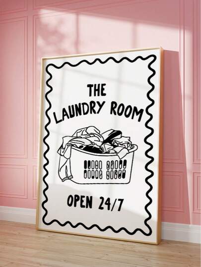 1pc Frameless Funny Laundry Room Sign Art Print, Black Frame White Background With Basket Of Clothes & "24/7 Open" Text, Vintage Aesthetic Poster For Dorm, Room Decor, Back To School, Funky Posters, College Dorm Essentials, Unique Gift
