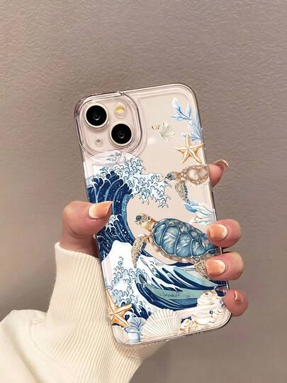 1pc Minimalist & Refreshing Summer Wave & Sea Turtle Pattern Transparent Anti-Drop Soft Phone Case, Compatible With Apple 17/17 Pro/17 Pro Max/17 Air/16/16 Plus/16 Pro/16 Pro Max