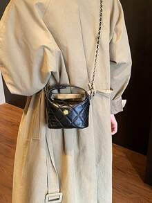 简约时尚高品质手提午餐盒包，绗缝刺绣，金属配件装饰，可调节肩带斜挎包，女士款 - 黑色 - 查看 3