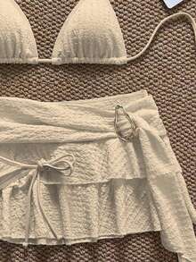 3 piezas Conjunto de bikini casual de tela especial para fiesta en la playa, ropa de playa de unicolor para vacaciones de verano - Naranja - Ver 5