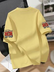 Teen Boys Street Aesthetic Loose T-Shirt, Cartoon Square Tip Graphic And "Stay True To Yourself" Slogan Print, Loose Short Sleeve Top, Suitable For Street Style, Casual Everyday Wear - Yellow - View 2