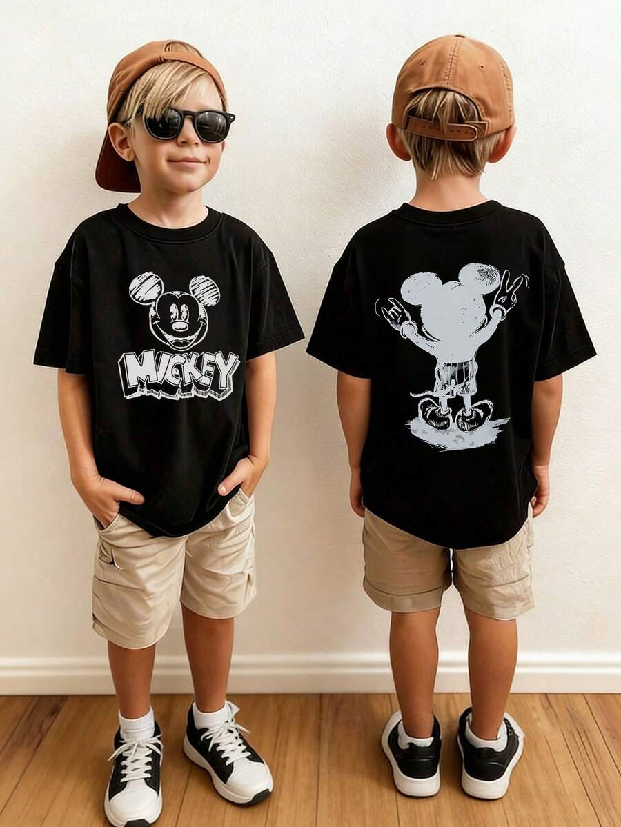 Disney Shining Boy (Double-Sided Print): Mickey Mouse, Themed Cartoon Print, Casual And Simple Short Sleeved T-Shirt, Suitable For Spring And Summer Seasons, Suitable For Boys And Girls To Wear. Festival Gift - 黑色 - 查看 1